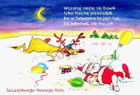 Życzenia szczęśliwego Nowego Roku z łosiem i mikołajem